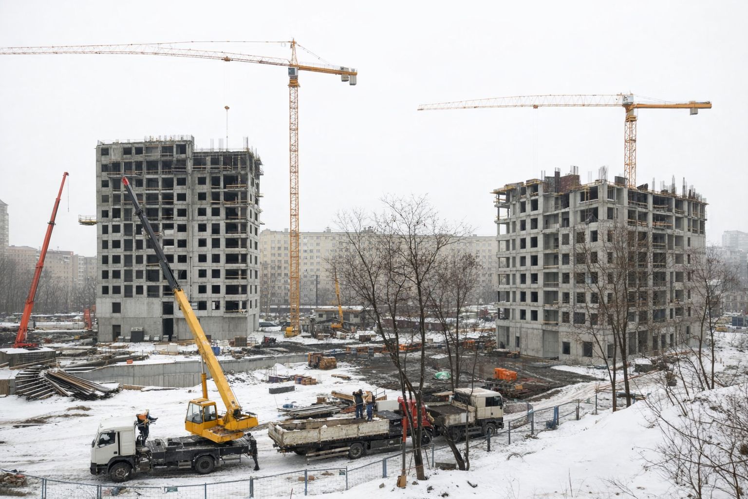 Byggeplass med to uferdige betongblokker og gule kraner om vinteren.